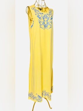 The Pyramid Collection Yellow Maxi Dress with Blue Embroidered Detail, Size XL